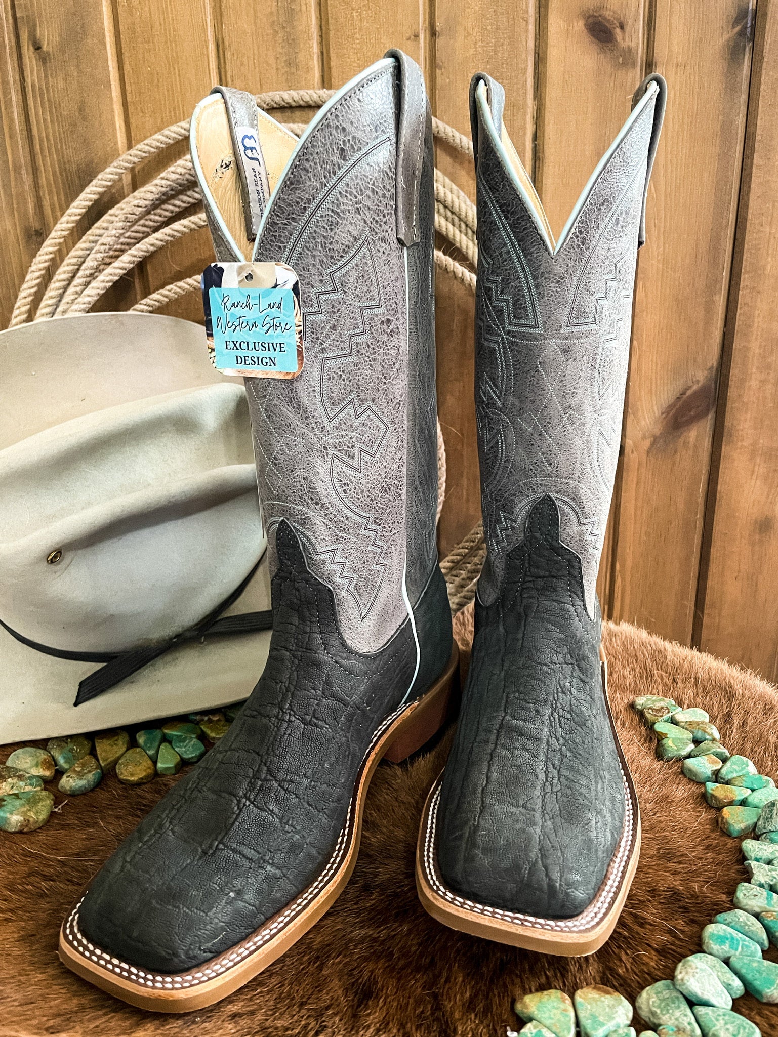 Anderson Bean Dark Gray Buffed Elephant Square Toe Boots Ranch Land Western Store